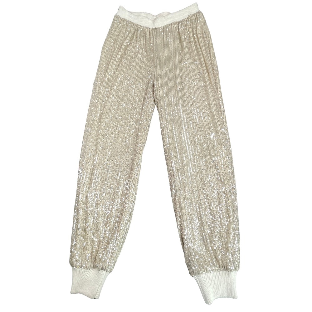 Calligraphie Sequin Pants Womens S Joggers Cream Champagne Gold Disco Party Knit